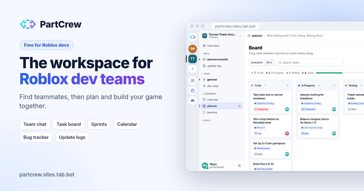 PartCrew Launches: Roblox Game Dev Team Workspace